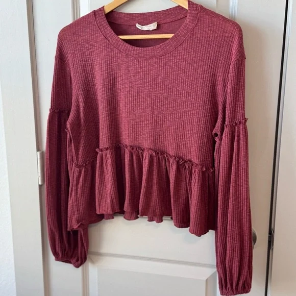 Altar’d State Burgundy Cropped Ruffle Long Sleeve Top Size Medium - Picture 2 of 5